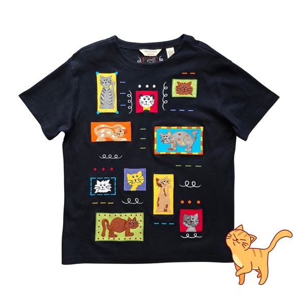 Bechamel Tops - Vintage Wearable Art Cat Shirt Size L Embroidered 90s Mom Colorful Cottagecore
